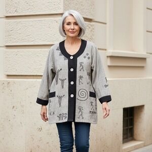 Venus Imports Size S Kokopelli Print Jacket Gray Black Embroidered Cotton Tribal